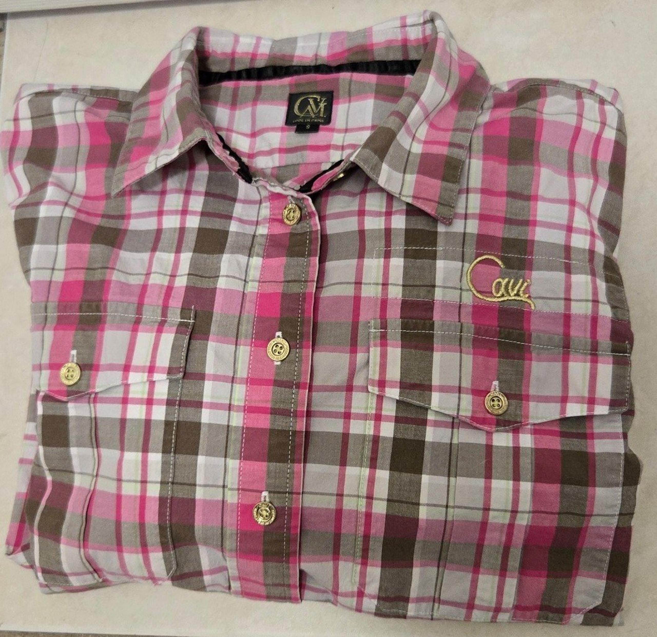 CAVI Men's plaid Pink, gray, white shirt cuffed sz s