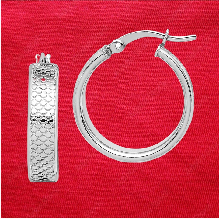 Sterling Silver Rhodium-plated Textured 5x20mm Hoop Earrings