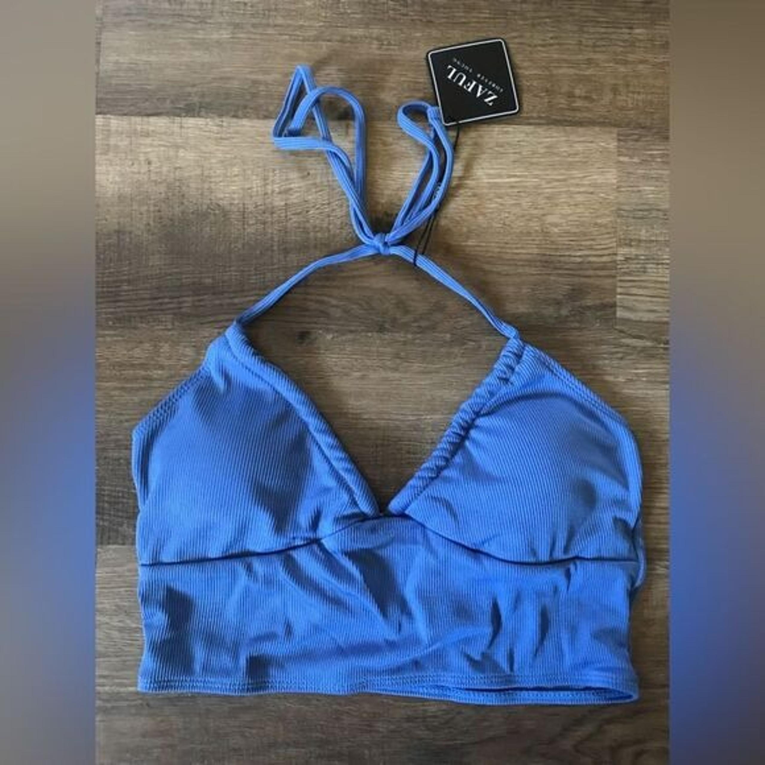 Zaful Women's Blue Ribbed Halter Bikini Top, Size Large