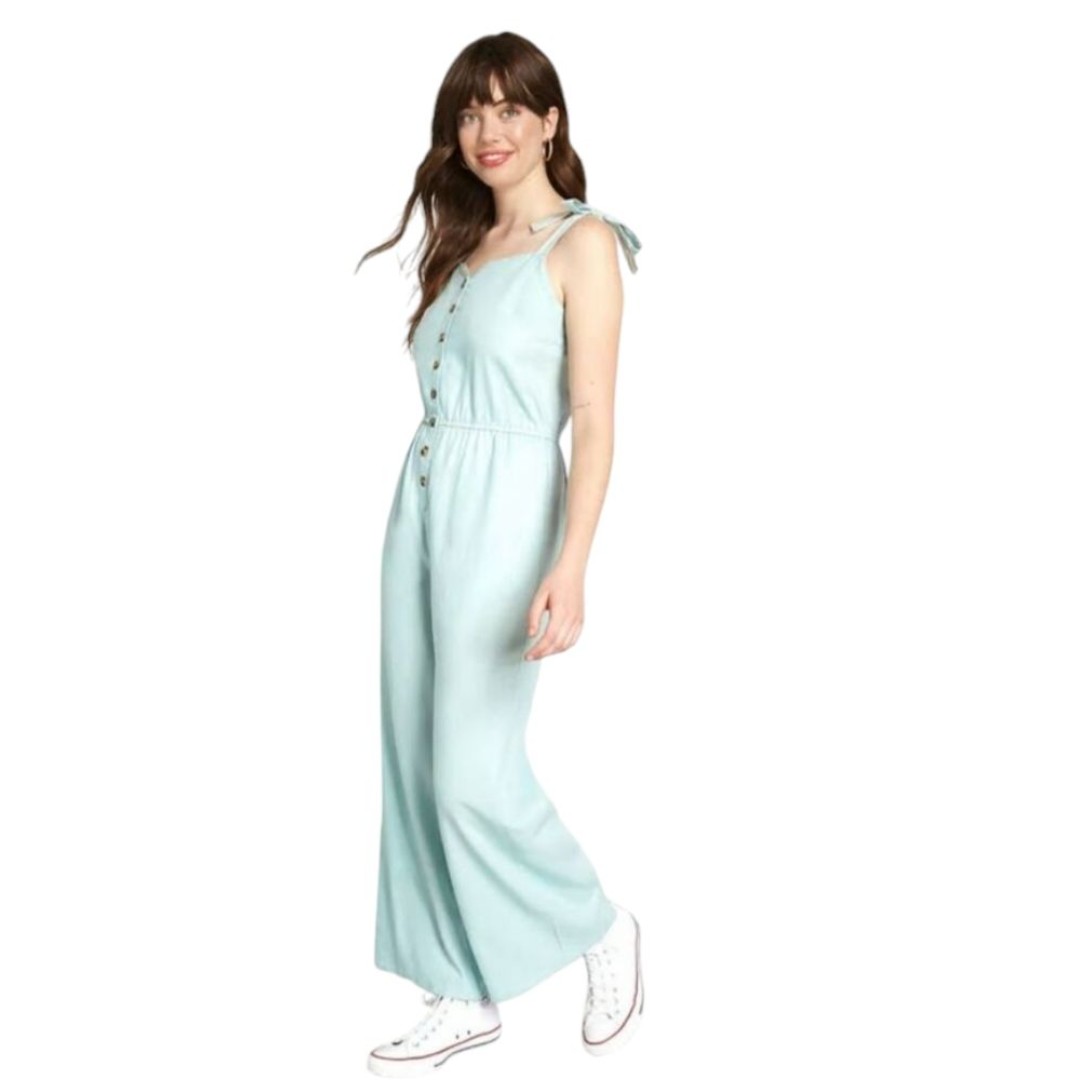 NWT ModCloth Every Waking Momentum Jumpsuit Linen blend light bluegreen size S