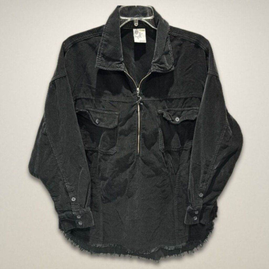 Offline by Aerie Shacket Corduroy Long Sleeve Half-Zip Distressed Hem Black W L