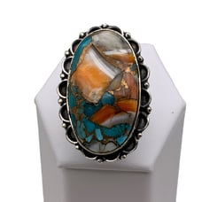 Kingman Spiny Oyster & Turquoise Solid 925 Sterling Silver Ring