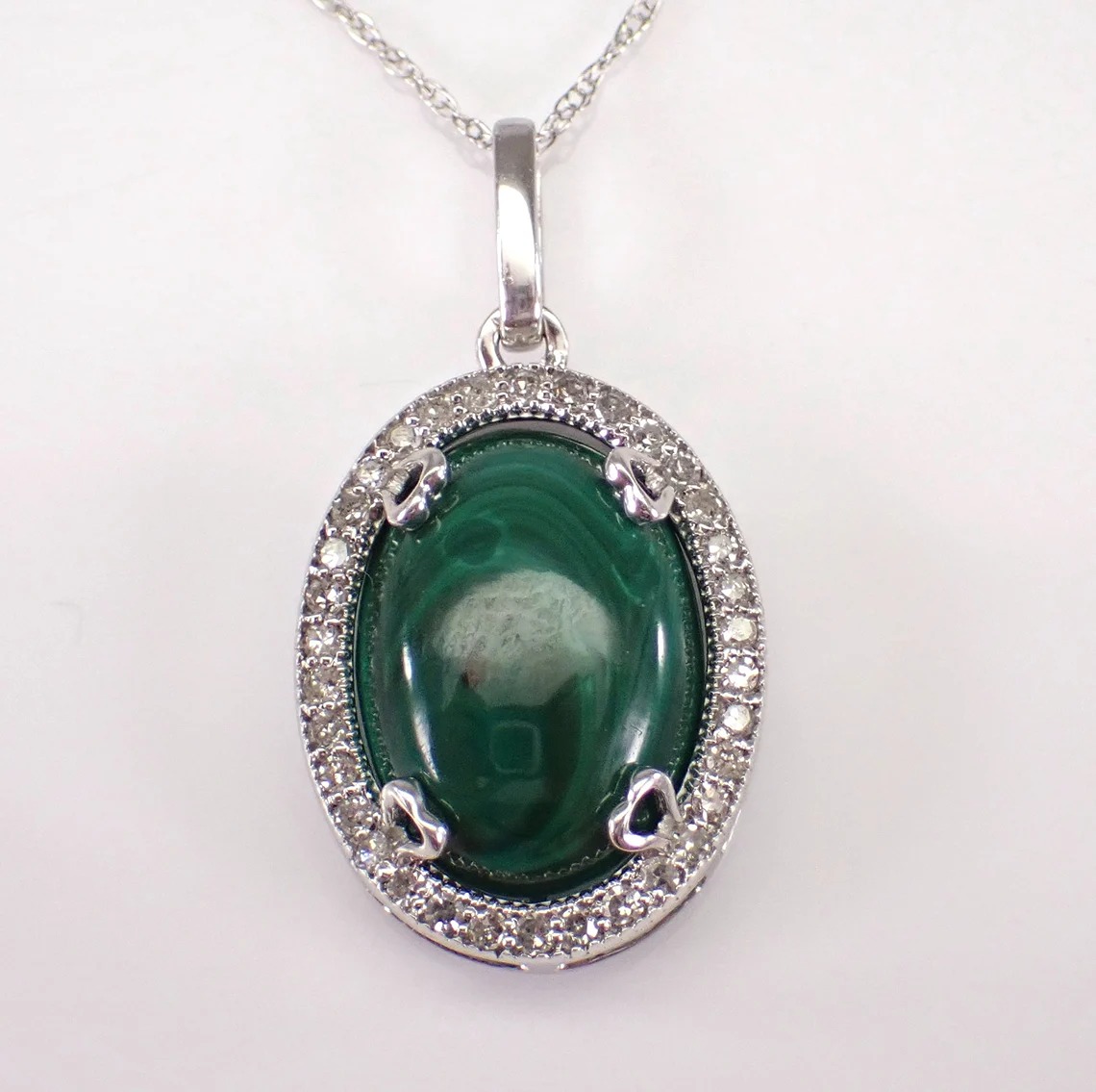 Malachite and Diamond Pendant and Chain - White Gold Halo Setting Charm Necklace