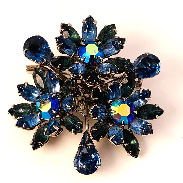 Vintage Rhinestone Floral Brooch Blue Aurora Borealis Statement