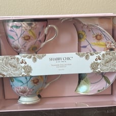 Shabby Chic Fine Porcelain Tea Cup Saucer Gift Set Of 2 Flowers Bird Blue Pink