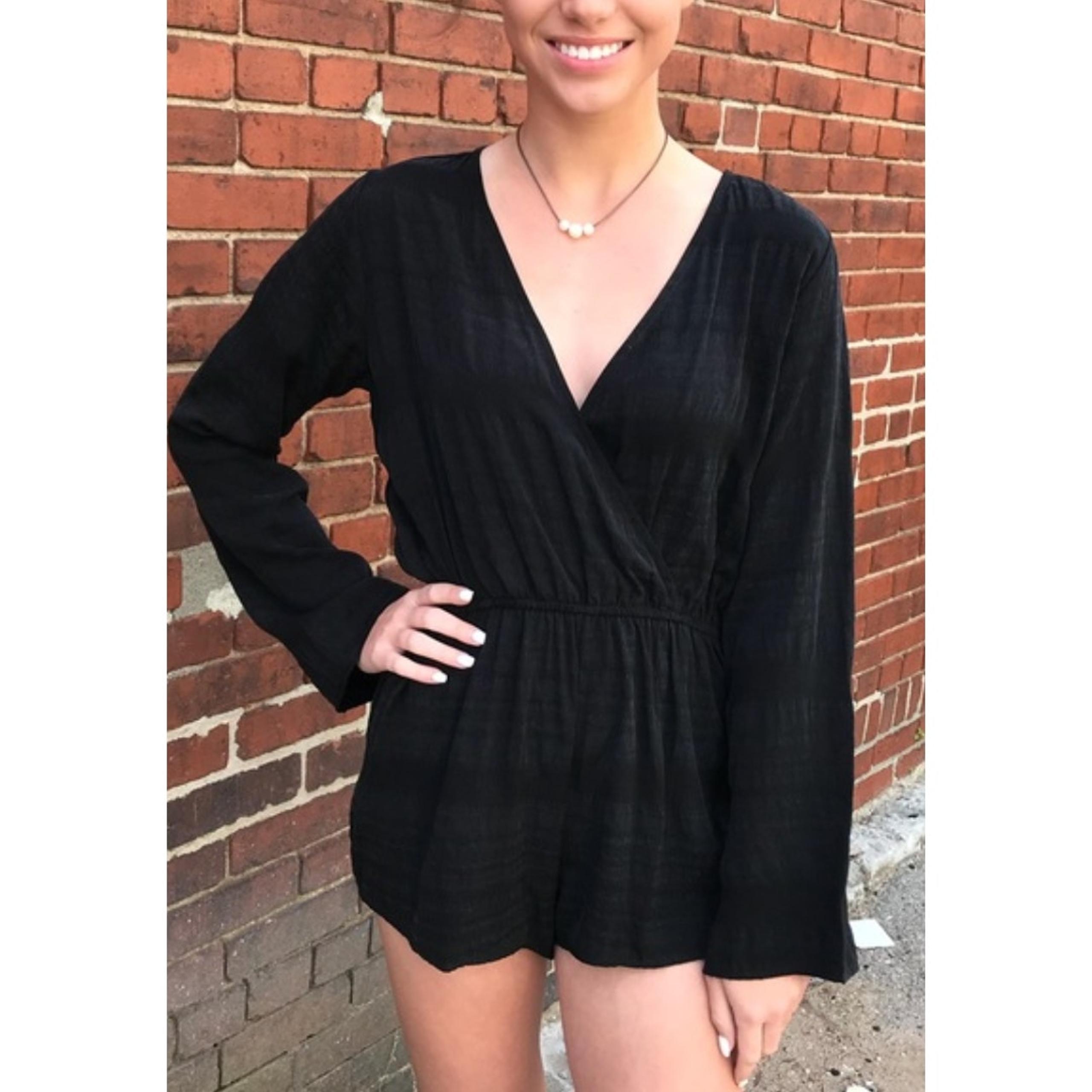 Spiritual Gangster Women's Surplice Romper M Black Long Sleeve Stretch Boho