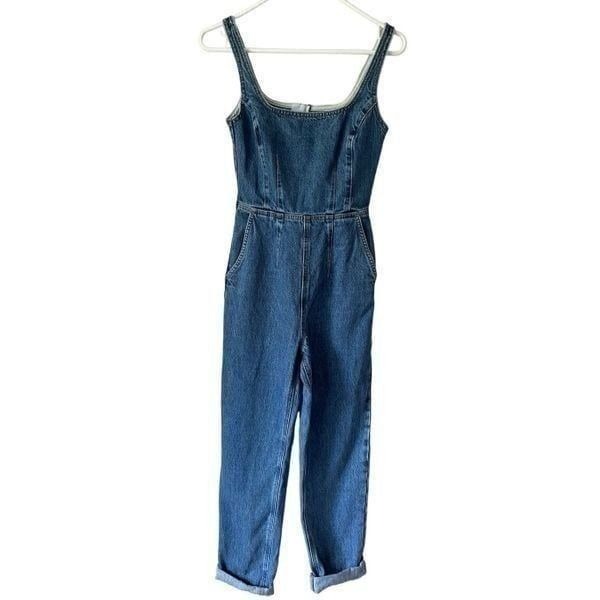 NEW ASOS denim square neck fitted jumpsuit mid wash size 2 Blue