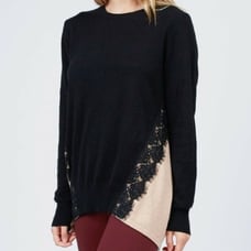 NEW OCTAVIA Color Block Lace Sweater Tunic Hi Lo Hem Cashmere Blend Black Tan M