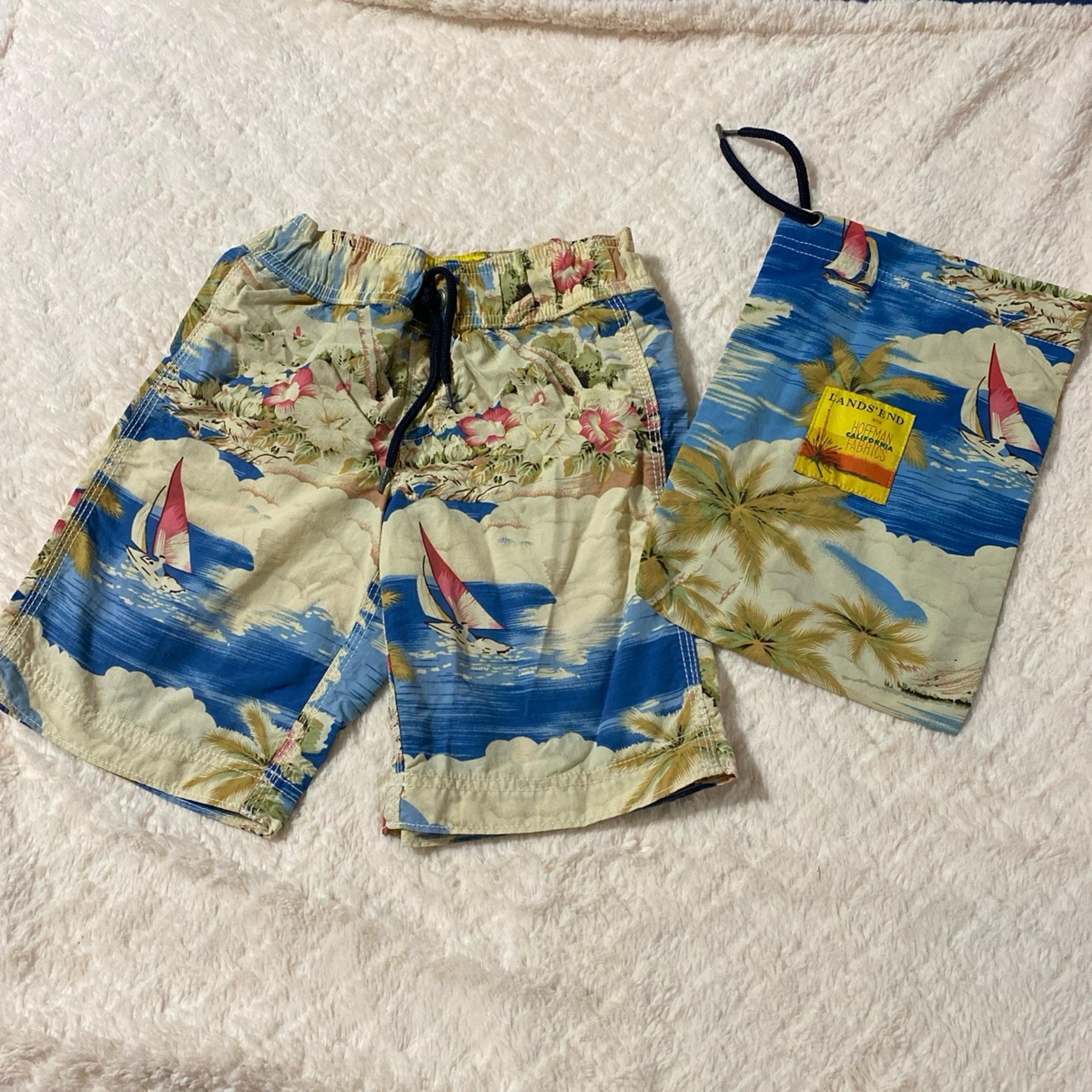 Boys xs size 4 swim trunks shorts swim bag set lands end hoffman California boat