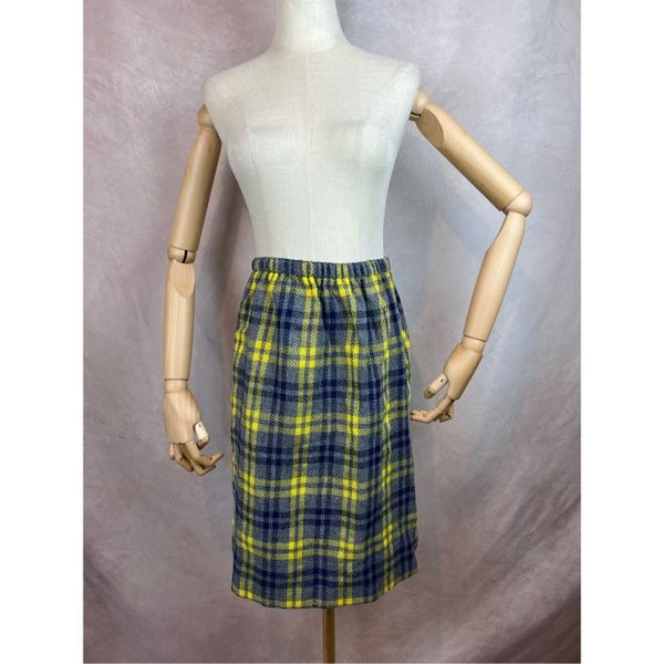 Vintage 1960s 1970s Plaid Wool Skirt Blue Yellow Checkered Mod GoGo MCM Sz Med