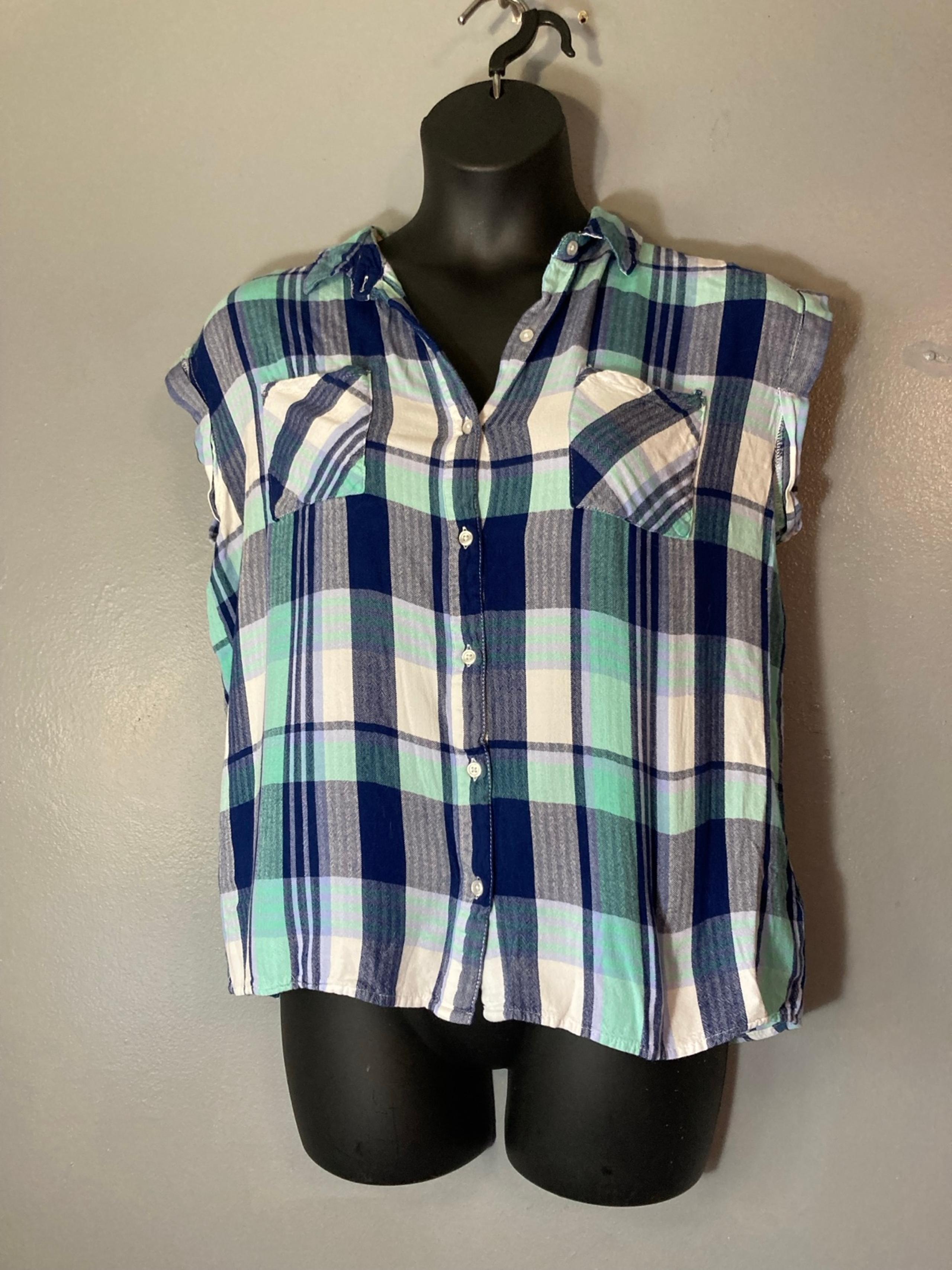 Attention, blue and green sleeveless button-down shirt
