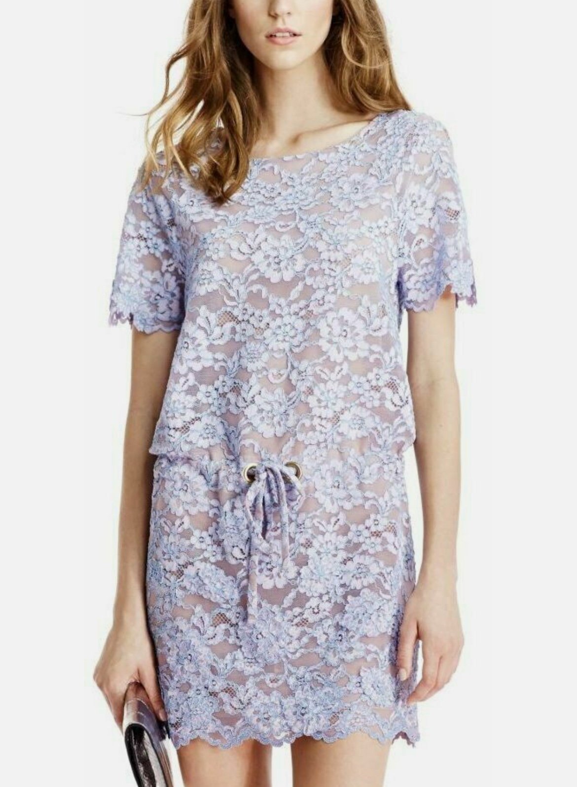 Diane Von Furstenberg Amal Lilac Lace Crystal Detail Drop Waist Dress MSRP 548