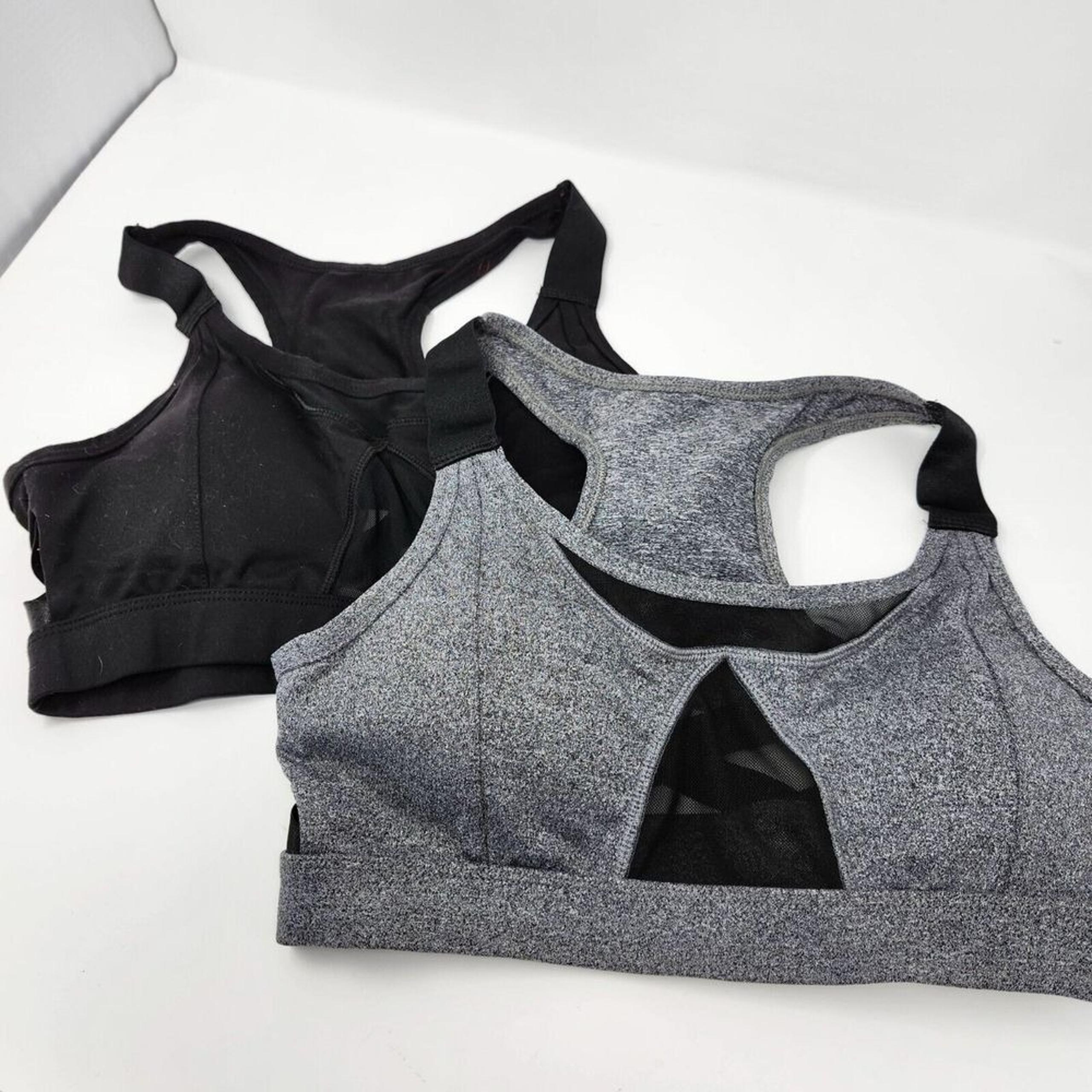 Set of 2 Strappy Sheer Mesh Sports Bras - Gray & Black - Small