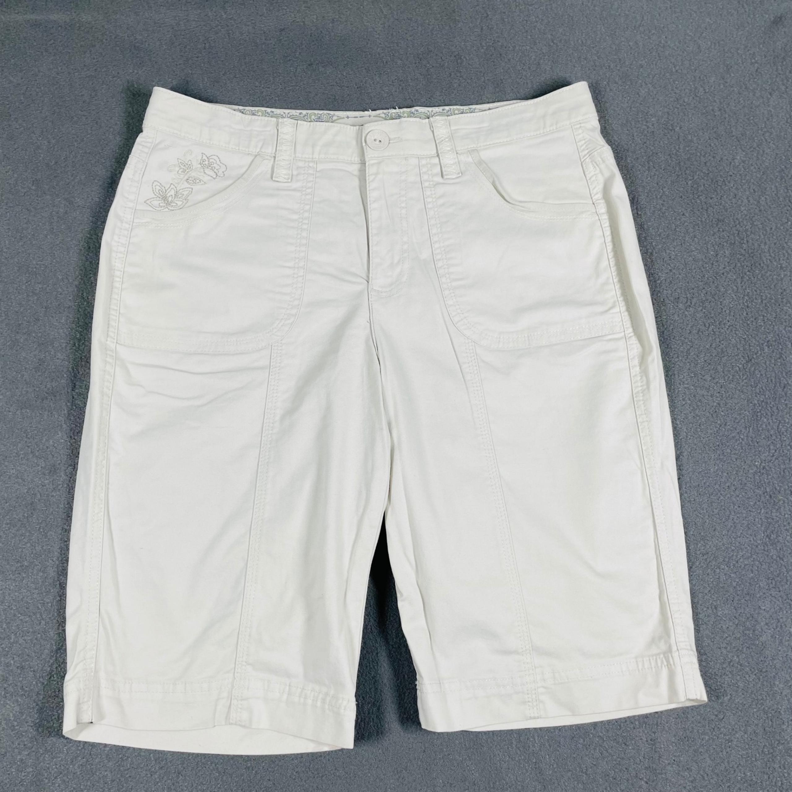 Gloria Vanderbilt Bermuda Shorts Embroidered Floral Detail White Cotton Size 8