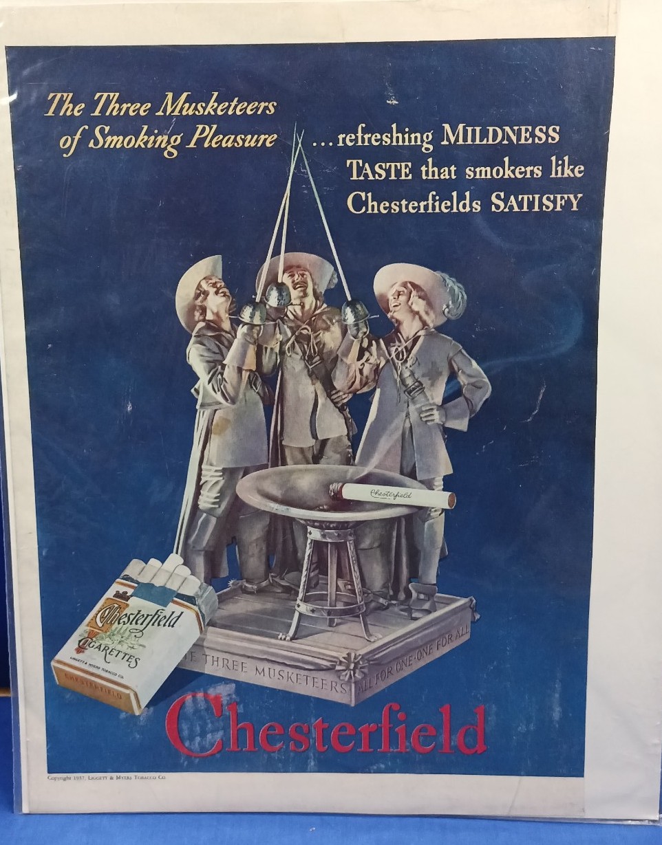 Vintage Chesterfield cigarette Mount Vernon rye whiskey two-sided magazine ad