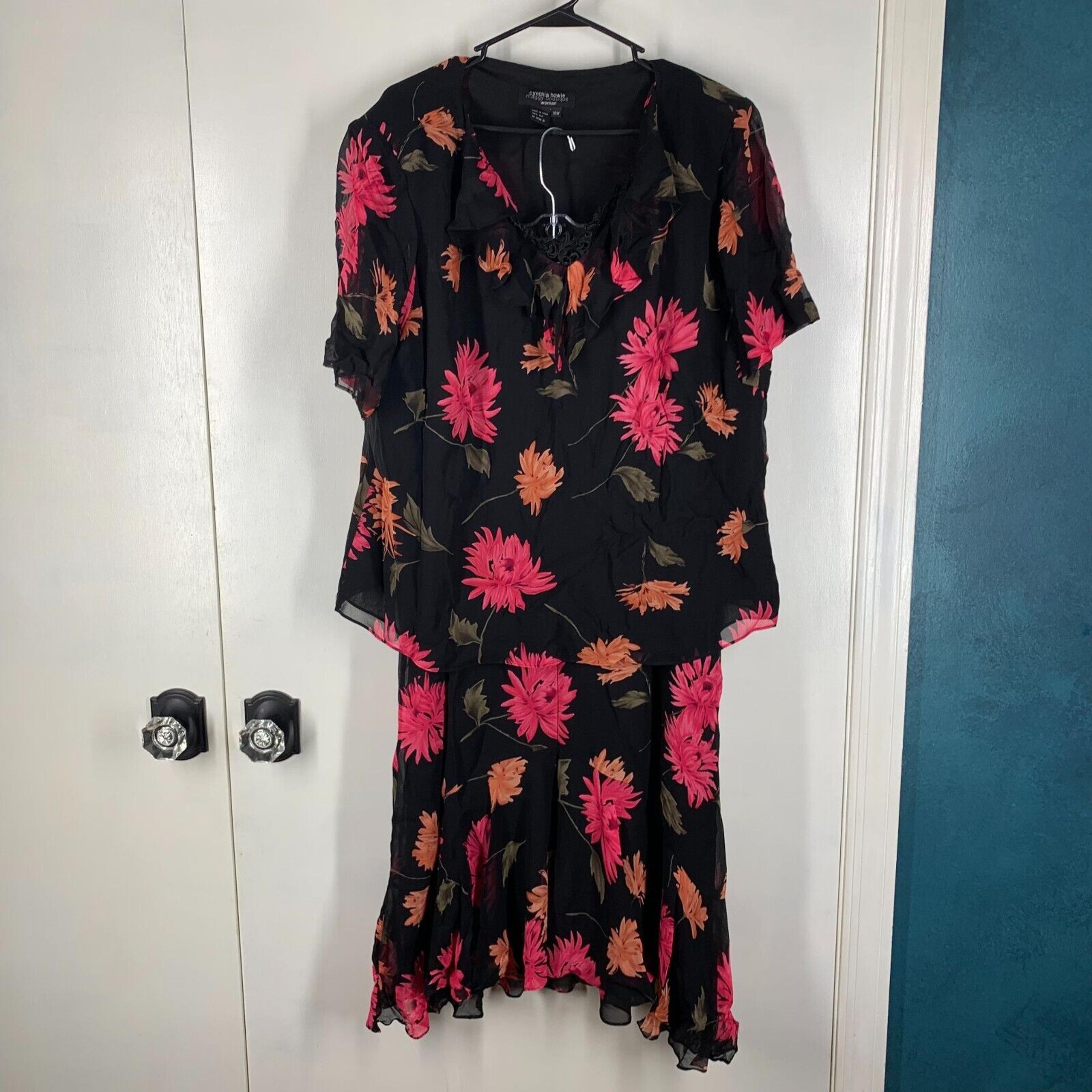 Cynthia Howie Maggy Blouse Skirt Set Womens 18W Silk Black Floral Boutique