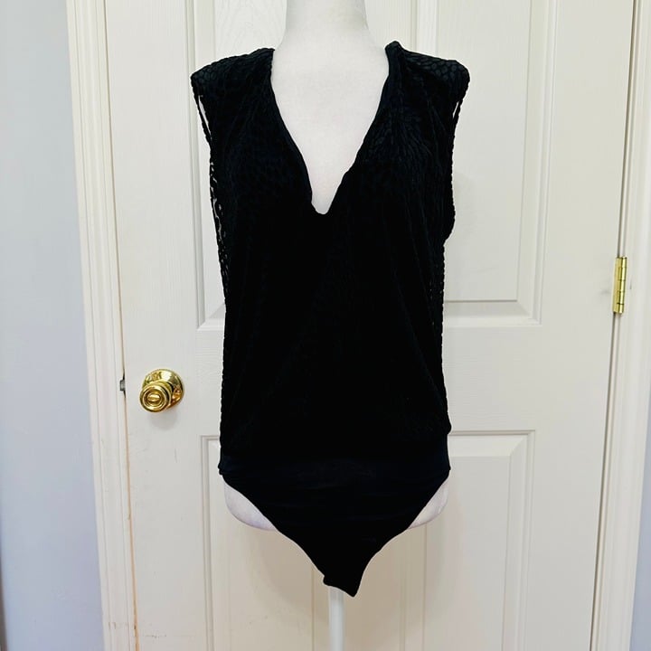 RAMY BROOK REGINA VELVET BURNOUT LINED SLEEVELESS DEEP V BODYSUIT BLACK MEDIUM