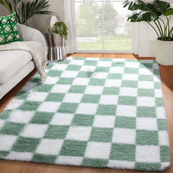 4x6 Rug for Bedroom Living Room, Fluffy Sage Green and White Checkered Area Rugs