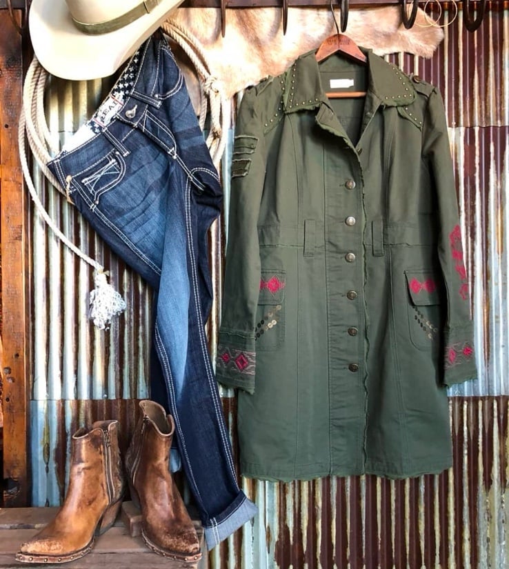 Tasha Polizzi Hamilton Embroidered Stud Embellished Green Cotton Duster Jacket S