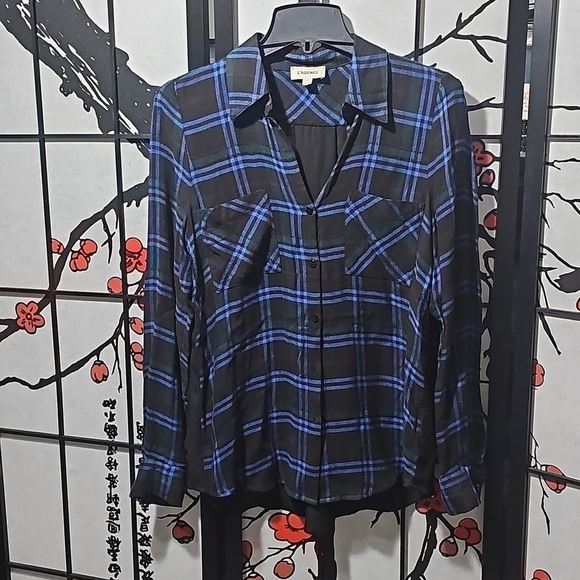 L'Agence Plaid Silk Back Contrast Button Shirt Size XS