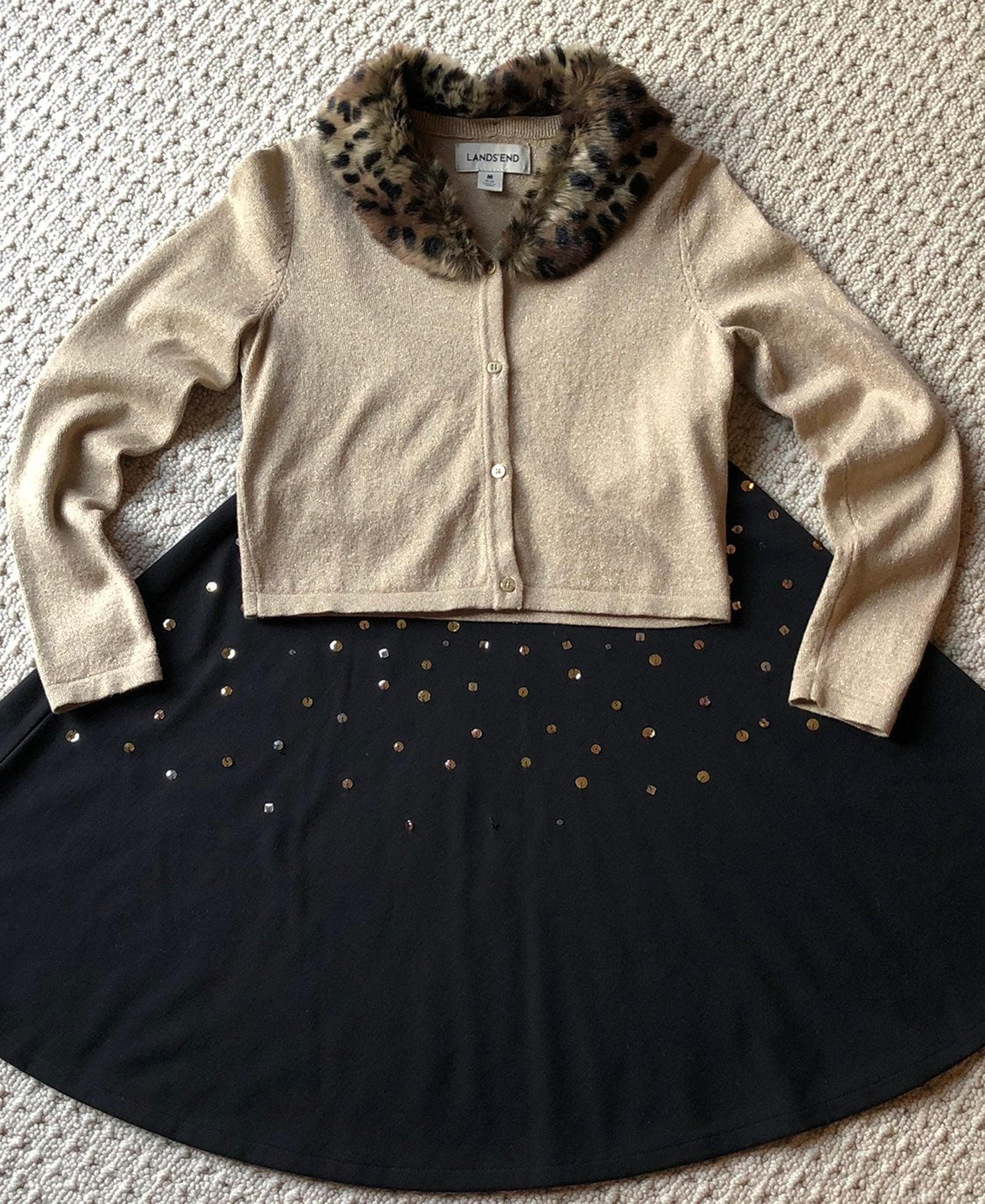 Lands' End Holiday Sweater Tan & Gold Faux Fur Cheetah Collar 10/12 M