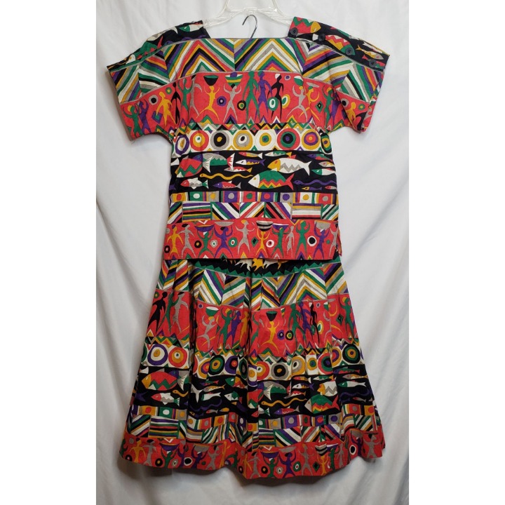 Vintage Skirt Blouse 2 PIece Outfit Prophecy Petites Multicolor African Print