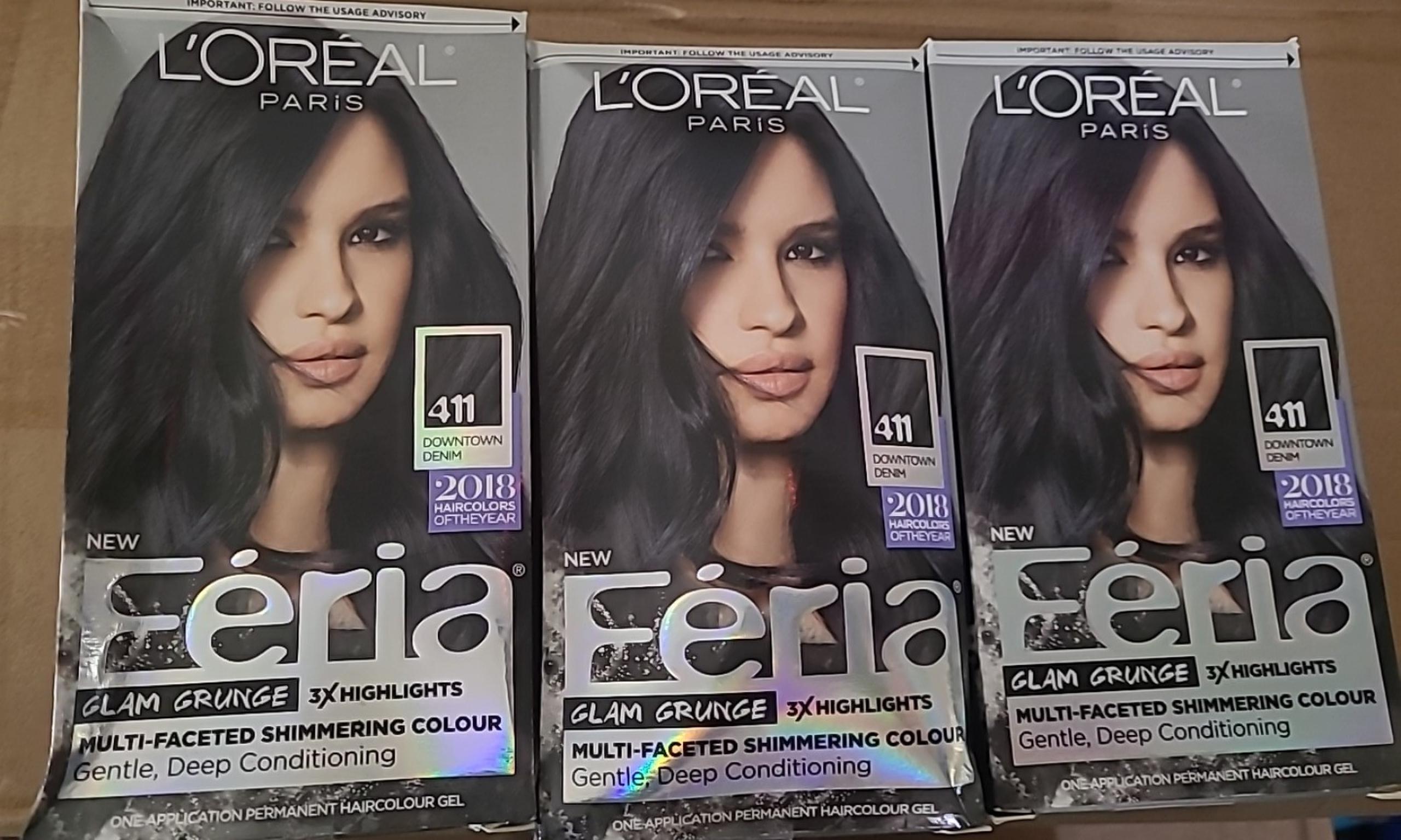 Loreal Feria Bonding Care Hair Color 411 DOWNTOWN DENIM / DARK BLUE BROWN Pack 3