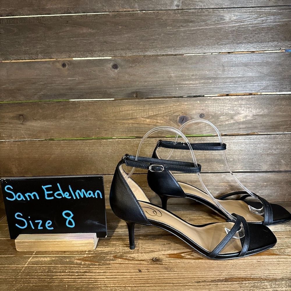 New Womens Sam Edelman Peonie Black Leather Open Toe Pumps Heels Shoes Size 8 M