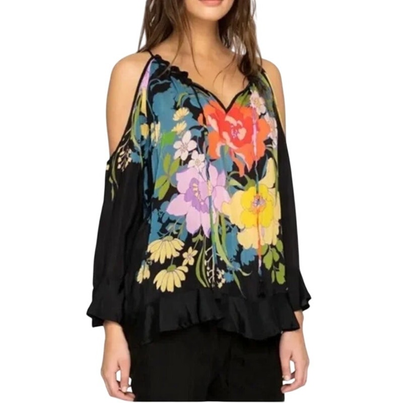 Johnny Was Fusion Cold Shoulder Floral Blouse Black Women Medium