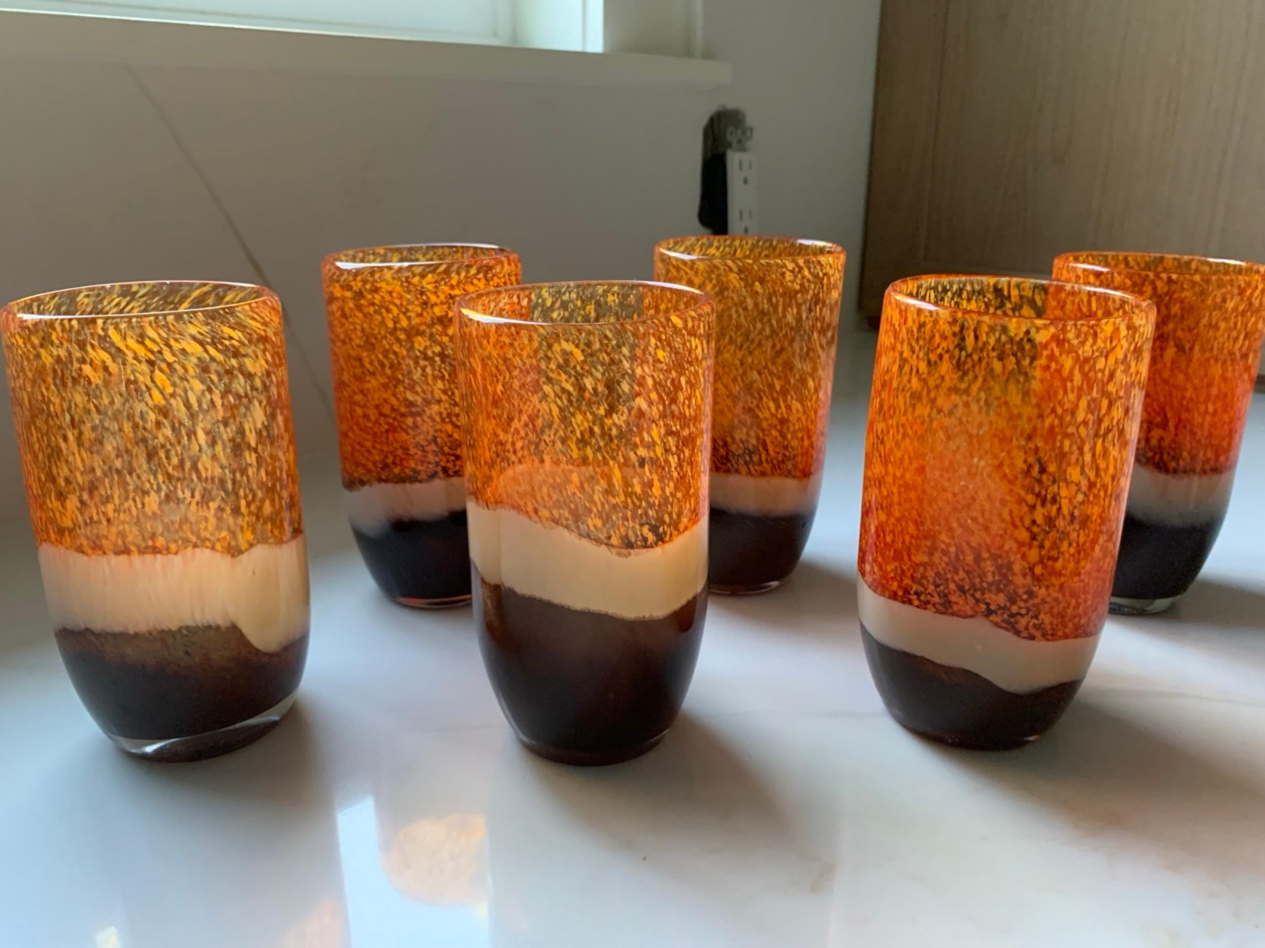 6 VINTAGE 16 oz TUMBLERS MOUTH BLOWN COLOR ORANGE/BROWN mid-century modern retro