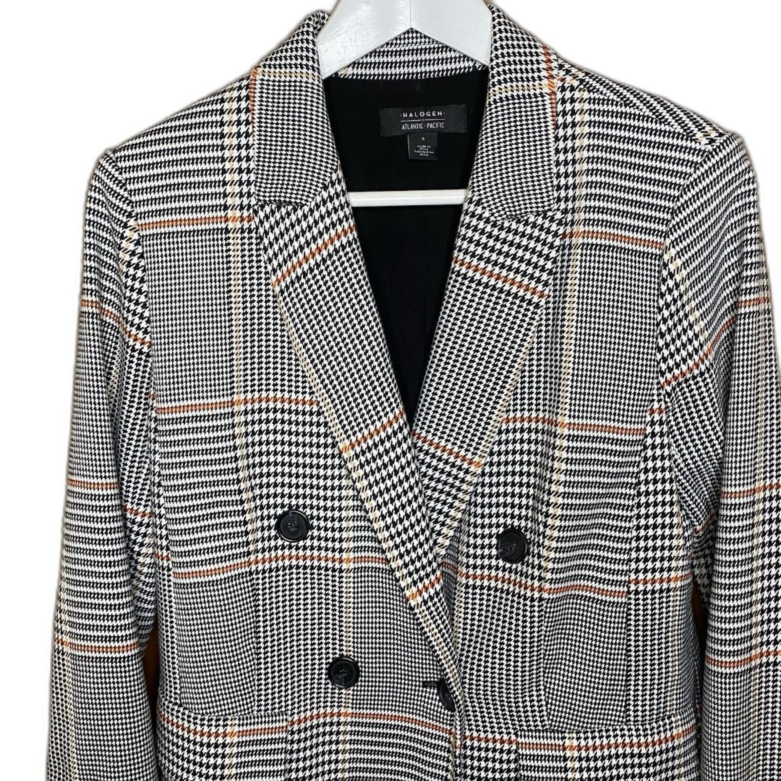 Halogen x Atlantic-Pacific Blazer Jacket Size S Plaid Houndstooth Black White