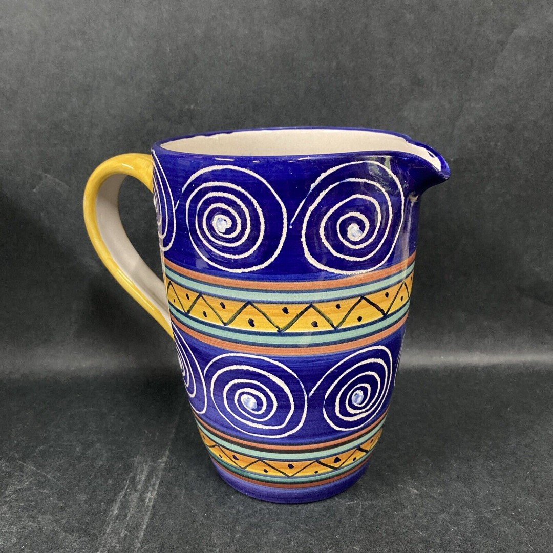 Pier 1 Italian Swirl Ceramic Juice Water Pitcher 7.5” Blue Yellow Hand Painted