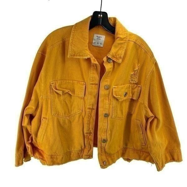 Bershka Women's Ripped Distressed Button-Up Denim Jacket Yellow Size XS