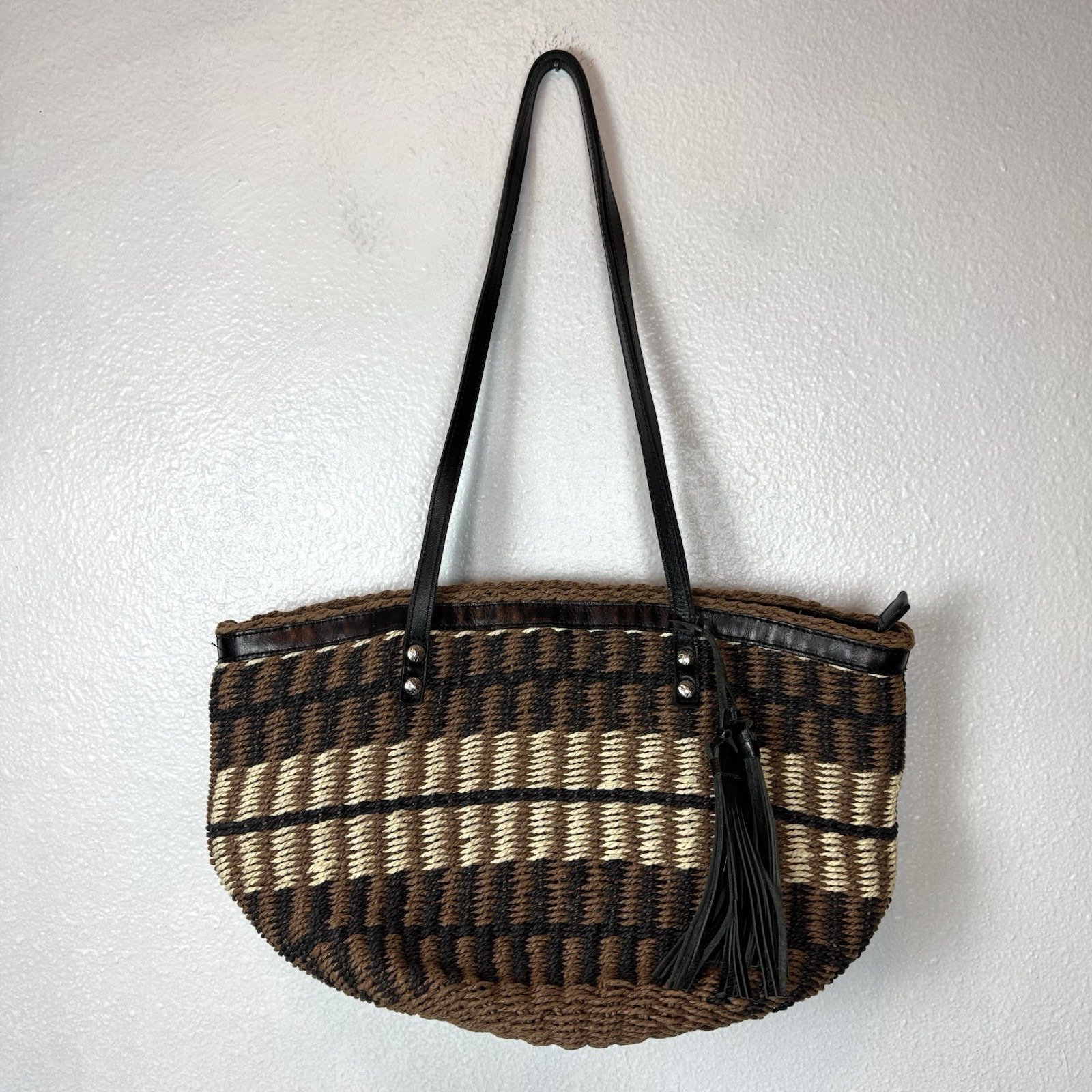 Patricia Nash Specialty Woven Sellia Tote Bag Chocolate Natural Black Straw