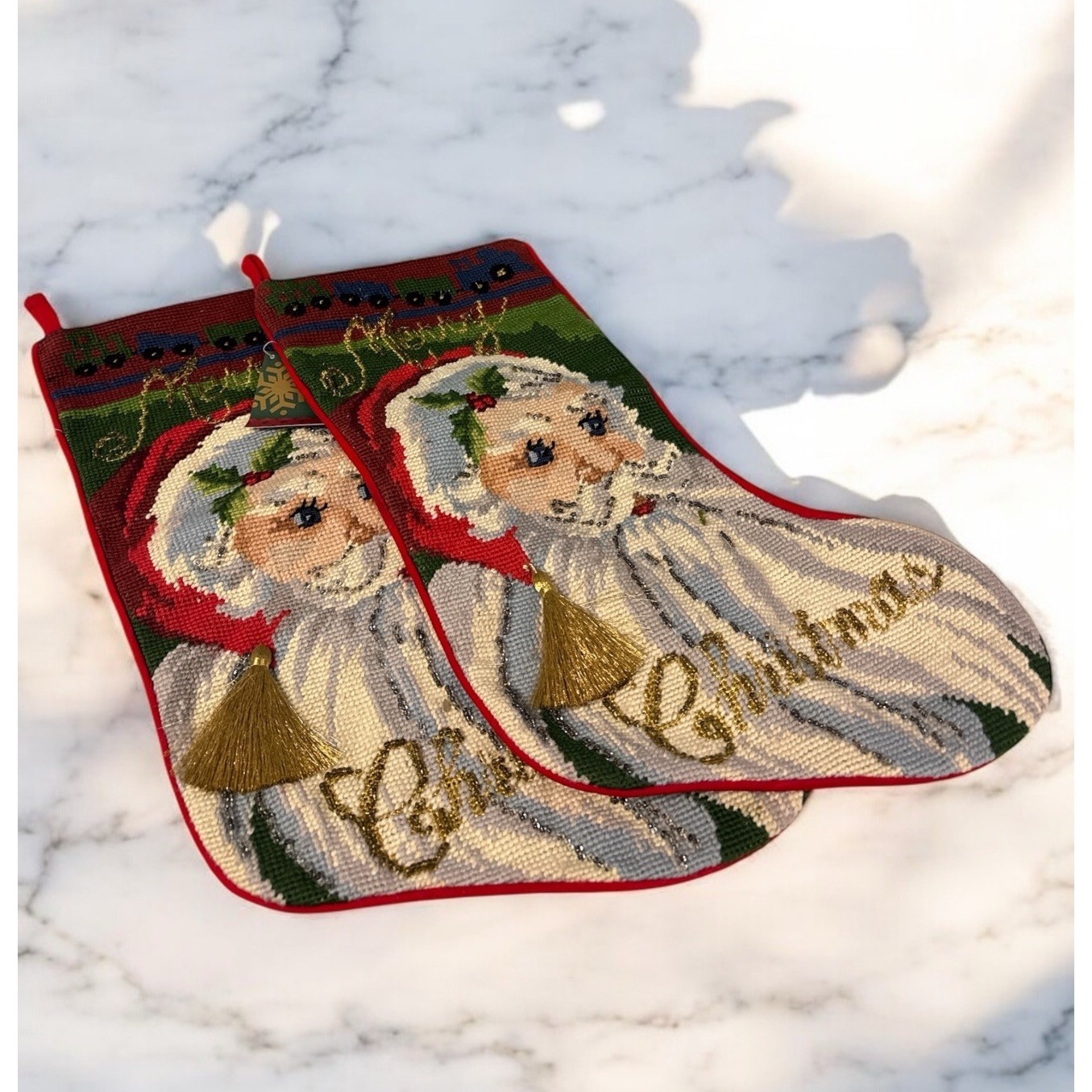 2 x Vintage Y2K Santa Hand Knot Needlepoint Stocking W/ Beading Velvet Back NWT