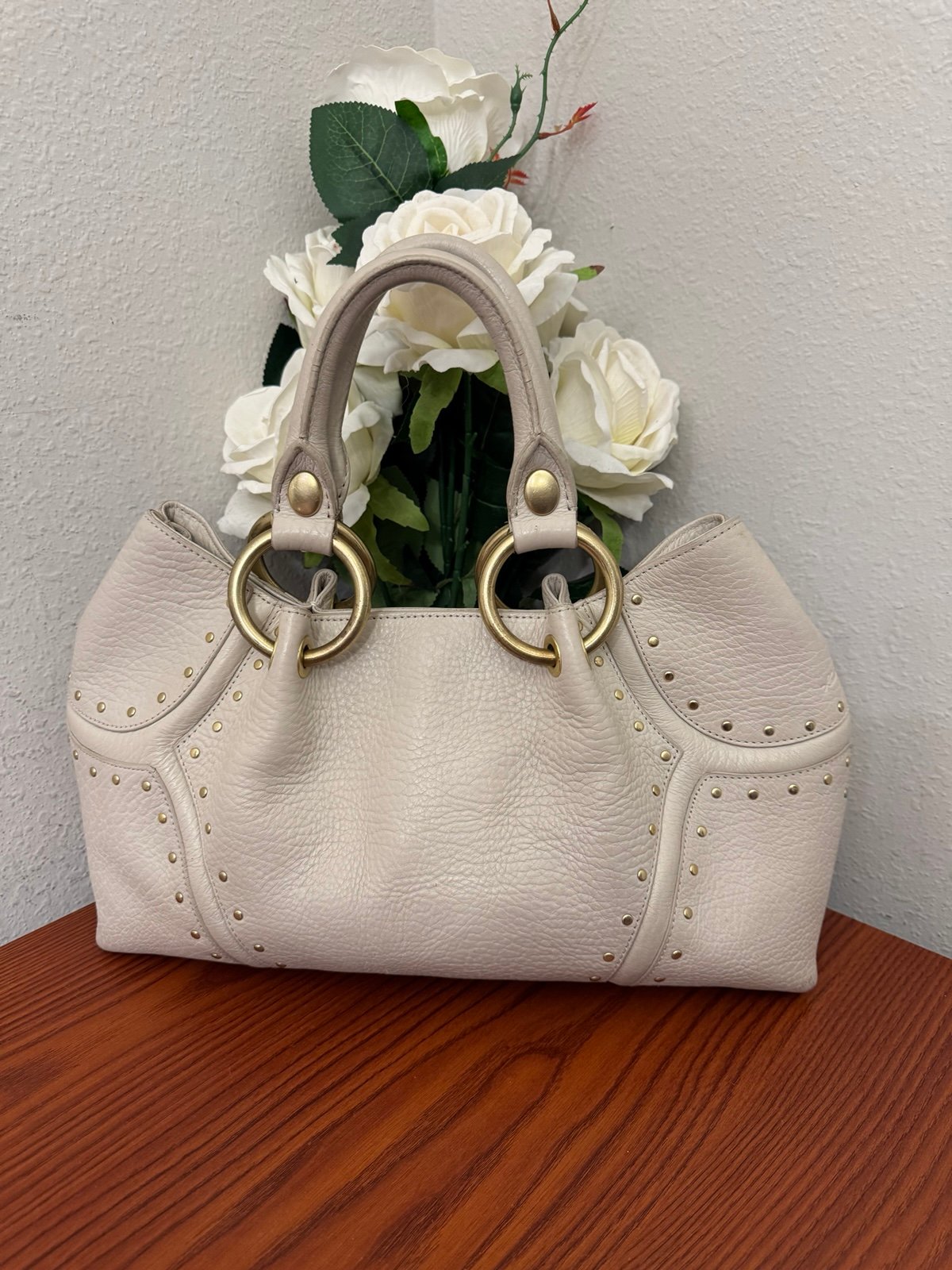 Kenneth Cole New York Ivory Pebbled Leather Studded Satchel RN 81633