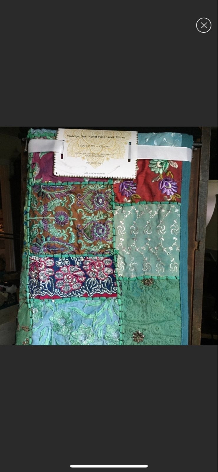Vintage green & blue embroidered patchwork Sari 4 x 5 ft Quilt Kantha