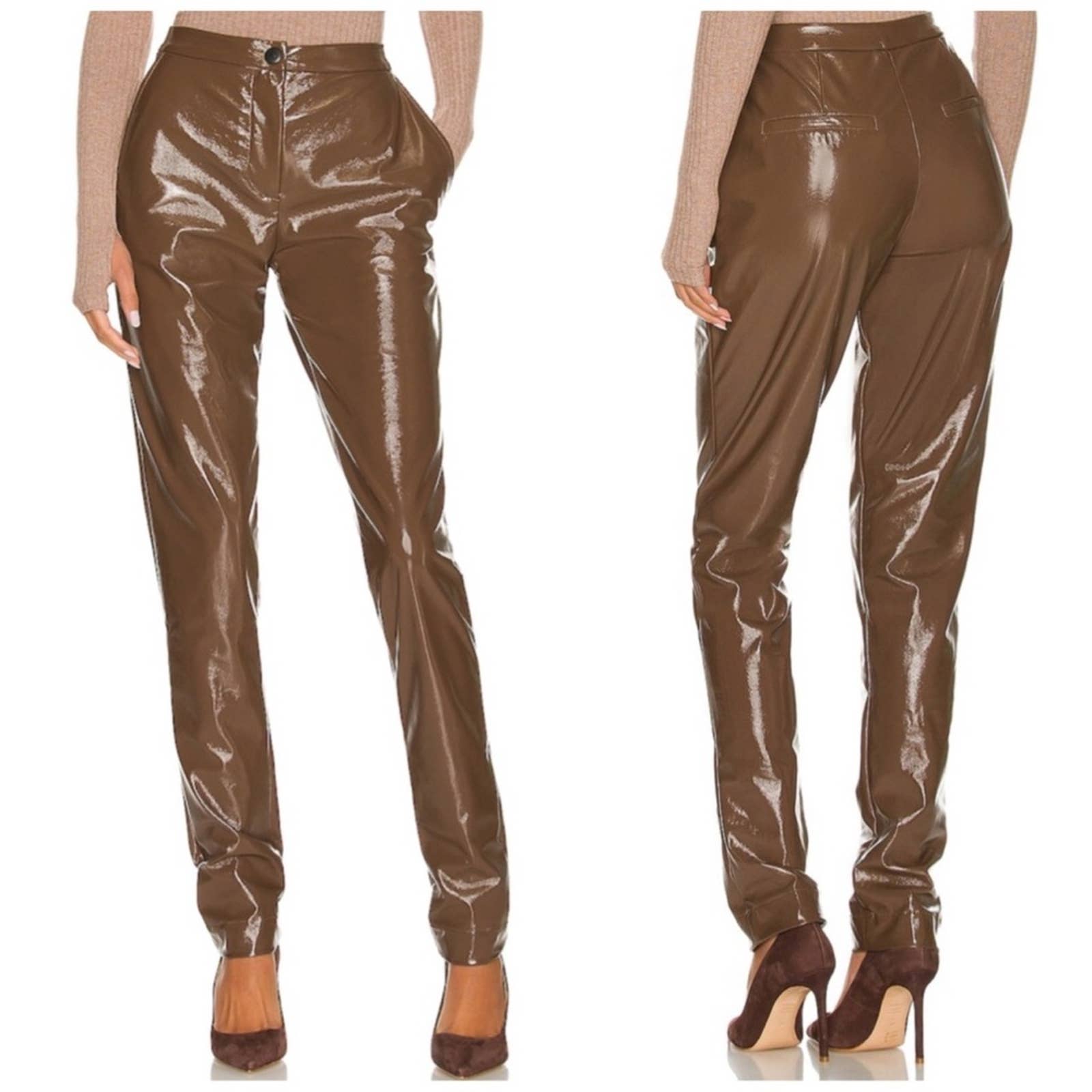 Alice NYC Women's Loring Foux Leather Side Pocket Pant in Acorn Size 6