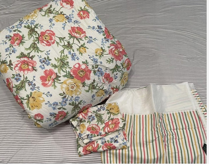 Lauren Ralph Lauren Queen Full White Pink Floral Stripe Comforter Set Shams RARE