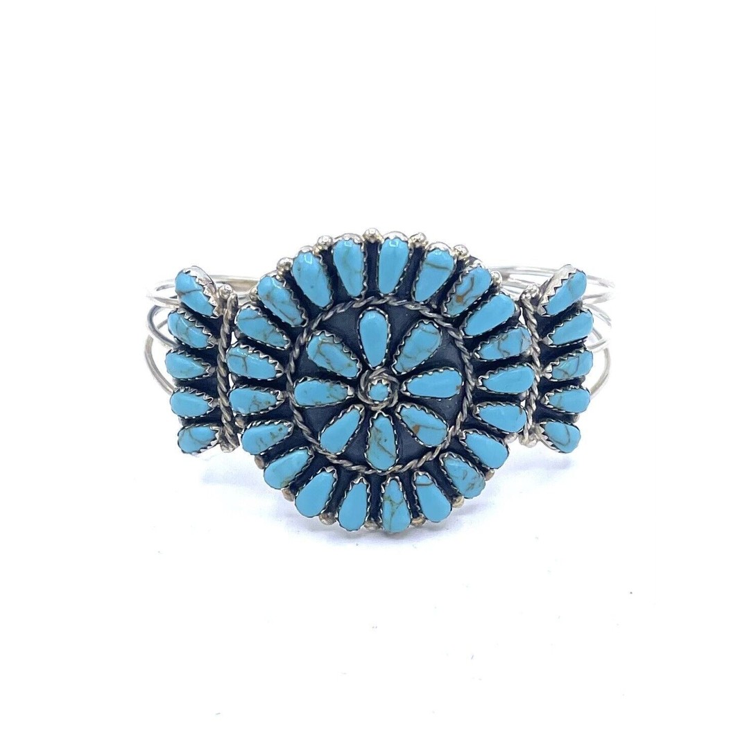 Native American Sterling Silver Handmade Navajo Turquoise Cluster Cuff Bracelet
