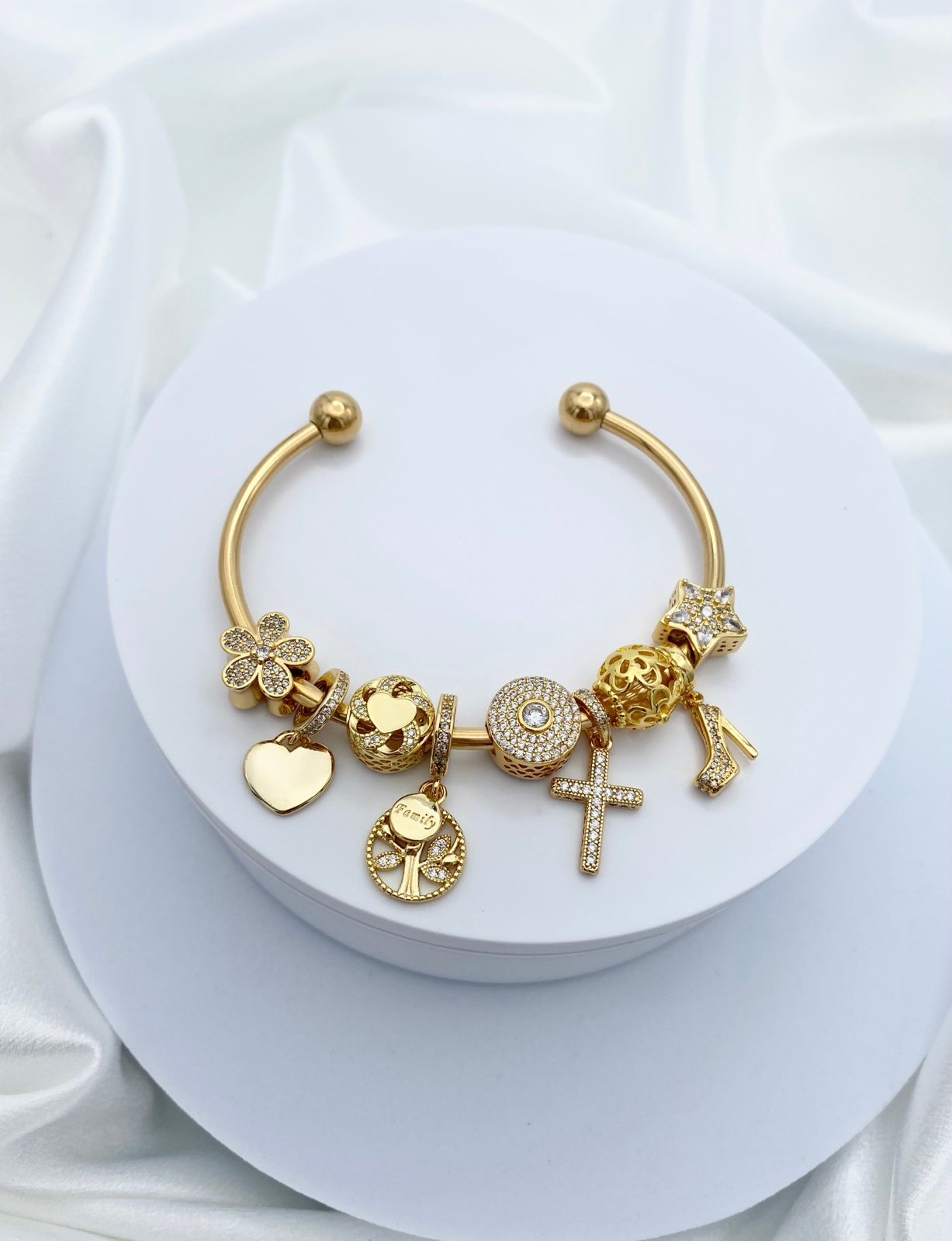 Linx Yellow Gold Open Bangle with Zircon Themed Charms