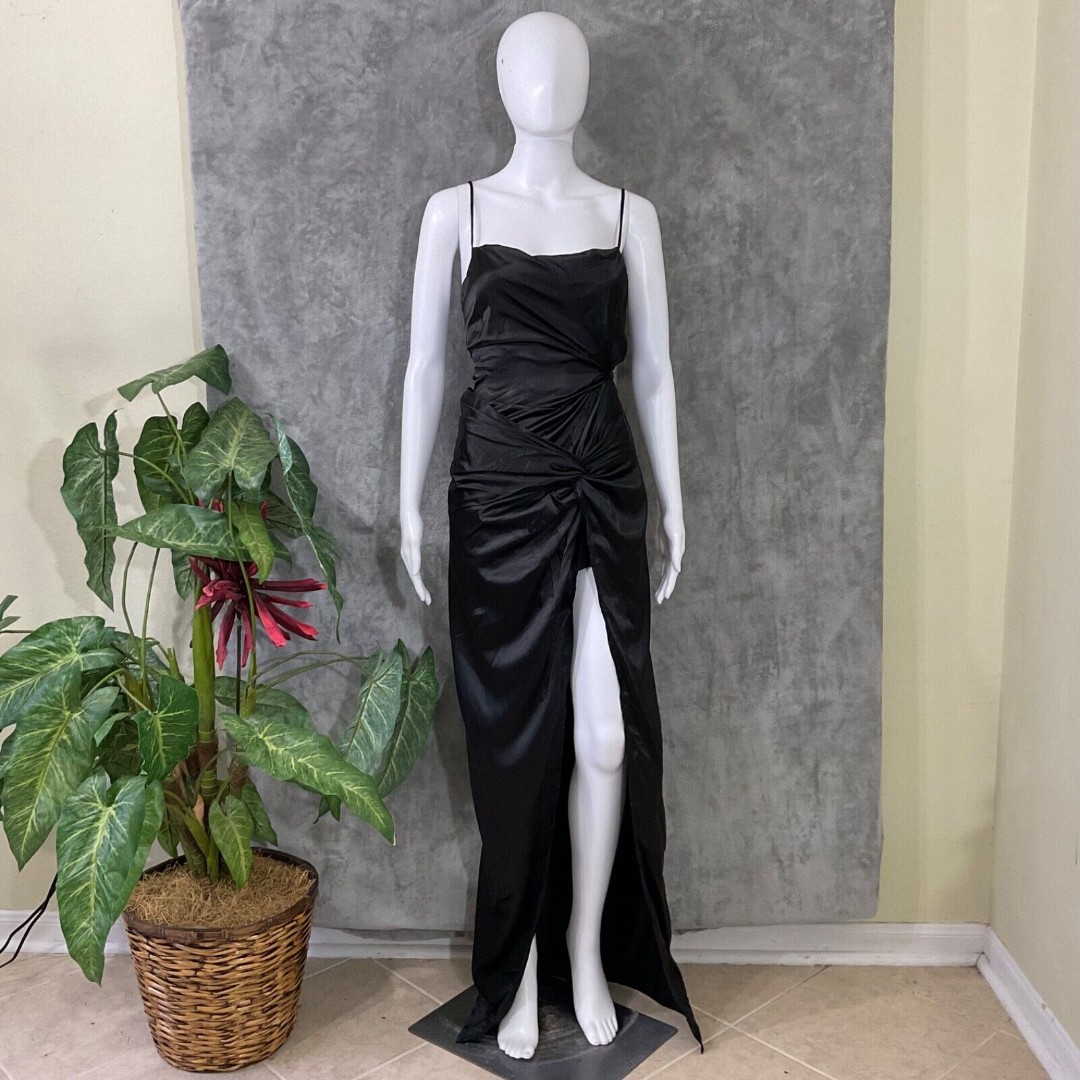 Lucy In The Sky Formal Prom Gala maxi dress M Black corset back slit knotted