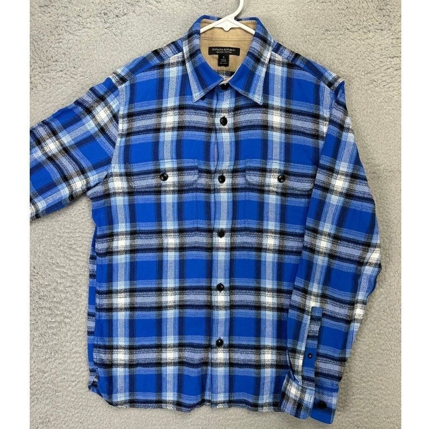 Banana Republic Flannel Shirt Mens Small Blue Plaid Organic Cotton Button Up NEW