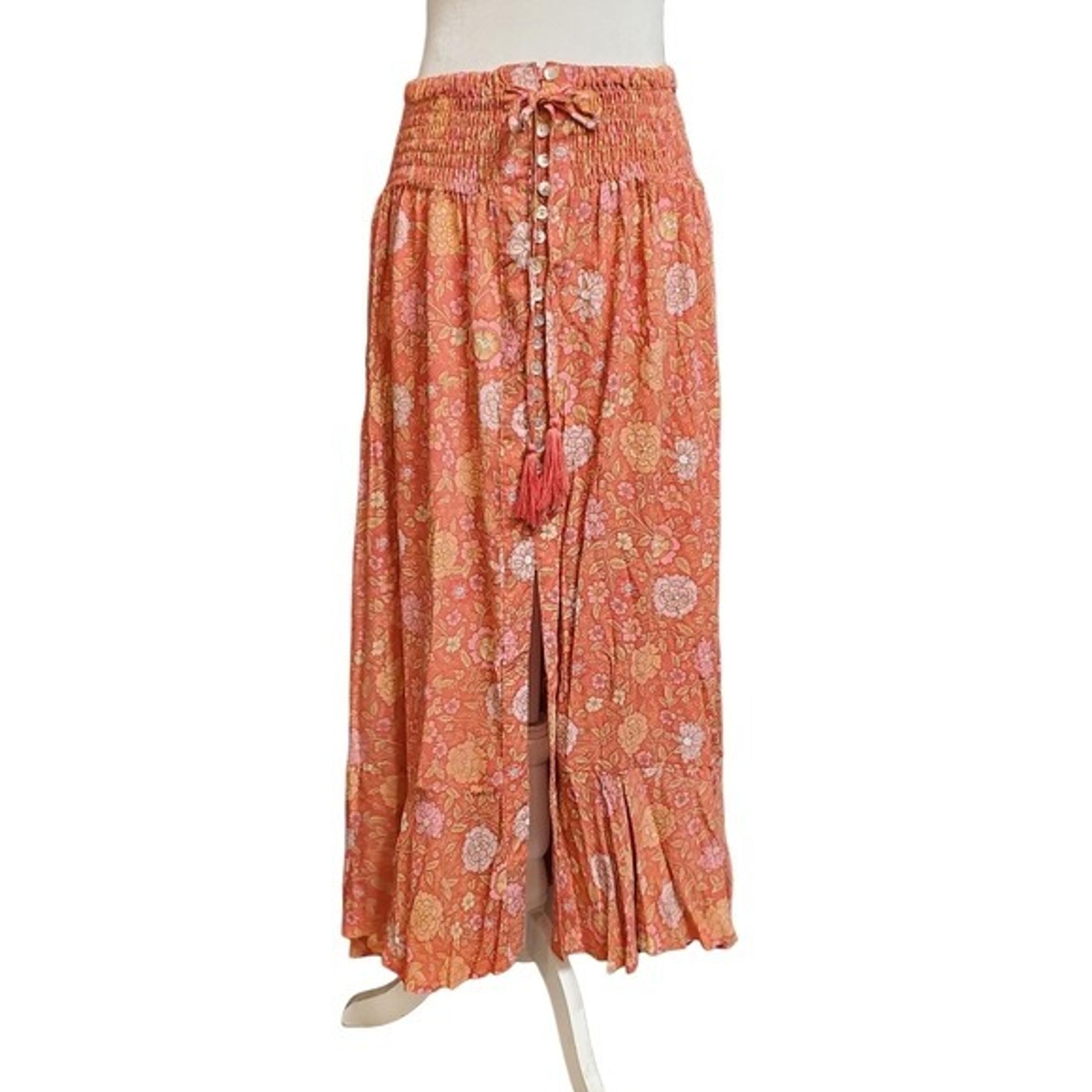 Rachel Zoe Paisley Boho Maxi Skirt Large Floral Smocked Waist Buttons Ruffle Hem