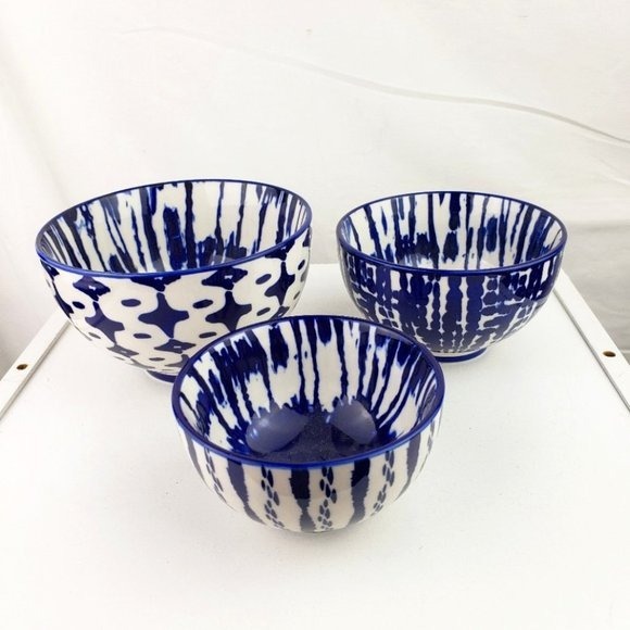 West Elm Set of Three Indigo Tie-Dye Nesting Bowls