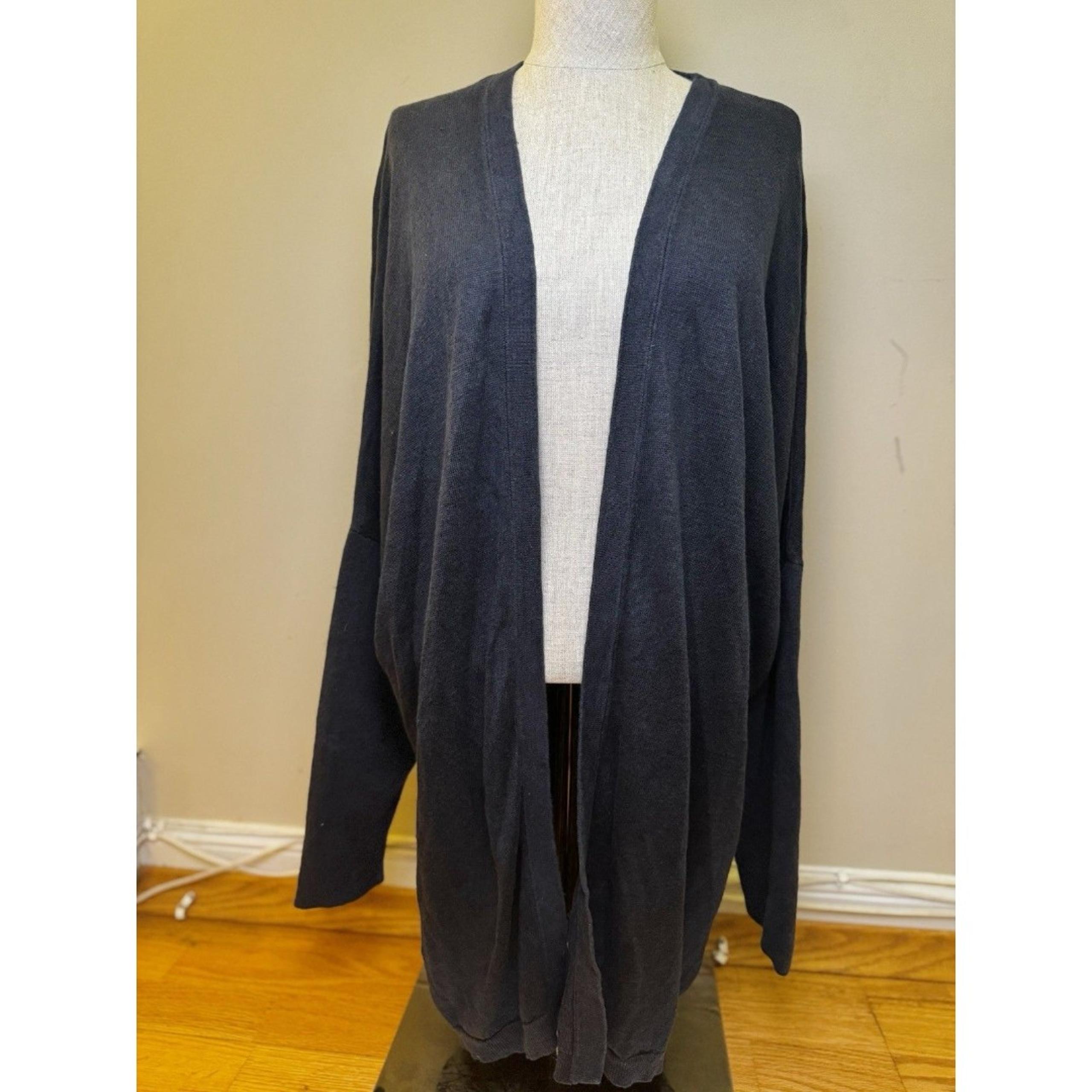 Garnet Hill Women's Linen Long Sleeve Open Cardigan Navy Blue Size L