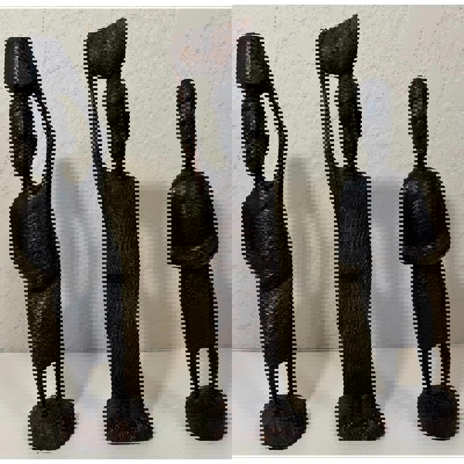 3 Vintage African Hand Carved Wooden Statues Holding Baskets Ebony Wood Africa