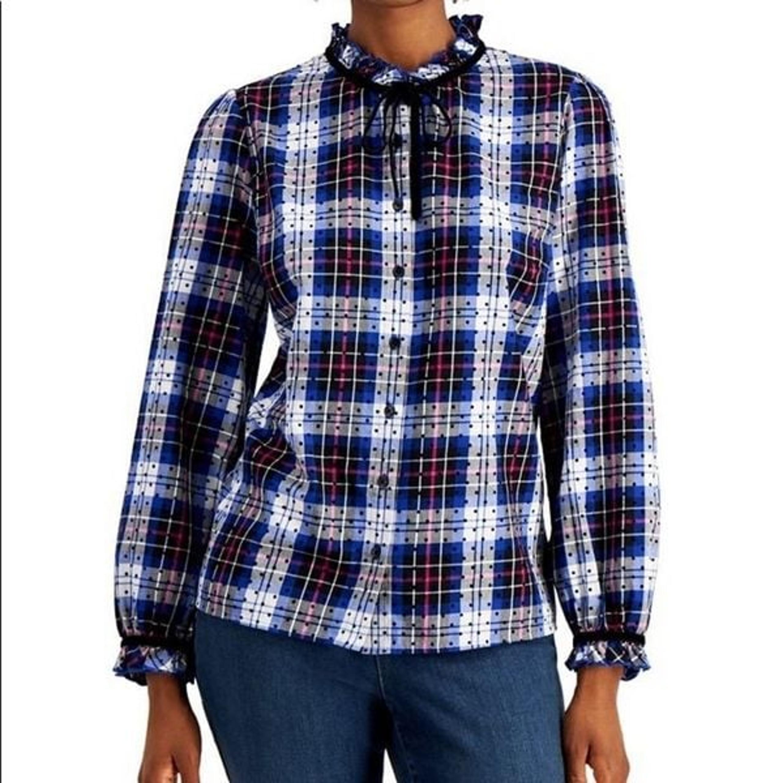 Charter Club Cotton Plaid Dot-Print Button Down Shirt Size S NWT