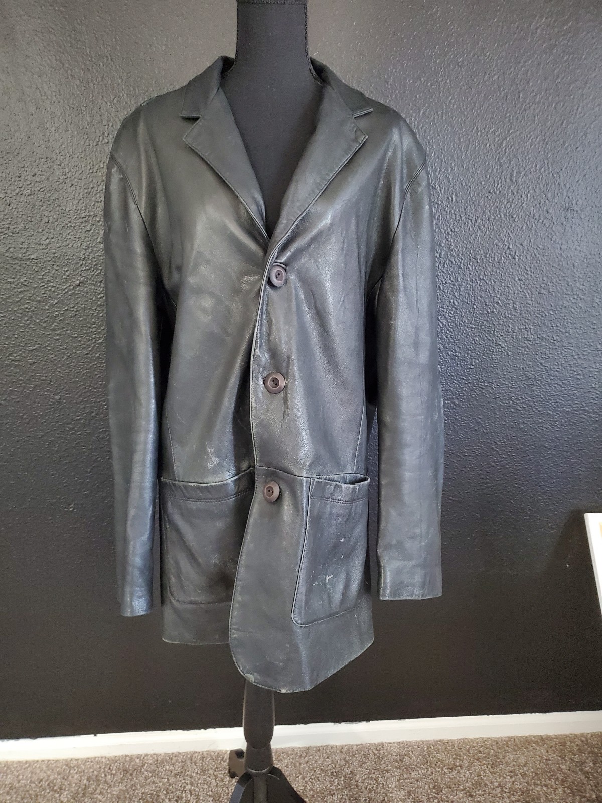 NH League Mens Black Leather Coat Size: 44 Long Real Leather Coat