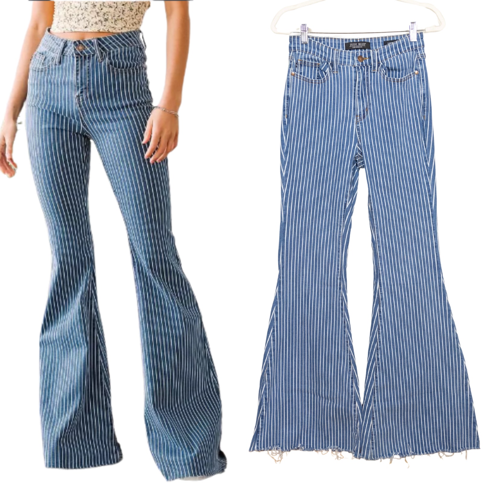 JUDY BLUE Super Flare Ultra High Rise Jeans in Blue Stripe Raw Hem Women's 27